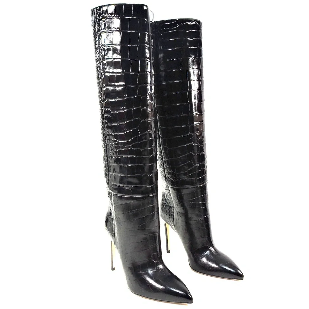 PARIS TEXAS 🇮🇹 WOMEN'S BLACK EMBOSSED CROCO STILETTO FASHION BOOTS - Picture 2 of 9